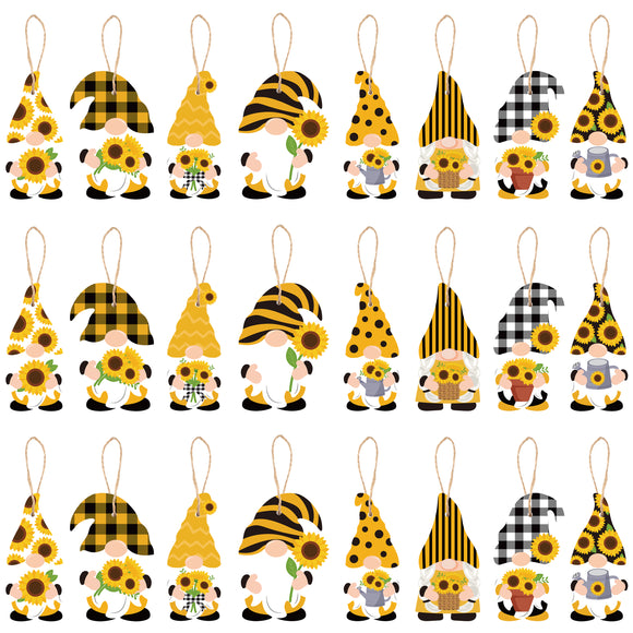 WATINC 25 Pack Sunflower Gnome Wooden Ornament, Hanging Wooden Pendant for Summer Party Decor, Yellow Flower Gnome with Hat Handing Tag with Burlap Rope for Holiday Theme Birthday Party Favor Supplies