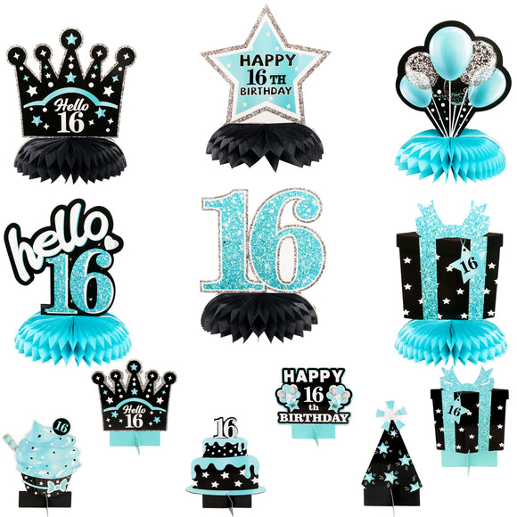 WATINC 42pcs Sweet 16 Birthday Party Banner Decoration, 16 Years Old Glitter Hanging Garlands Swirls Signs, Teal Silver Black Blue Happy 16th Party Cake Topper Centerpieces Decor for Boys Girls Teen