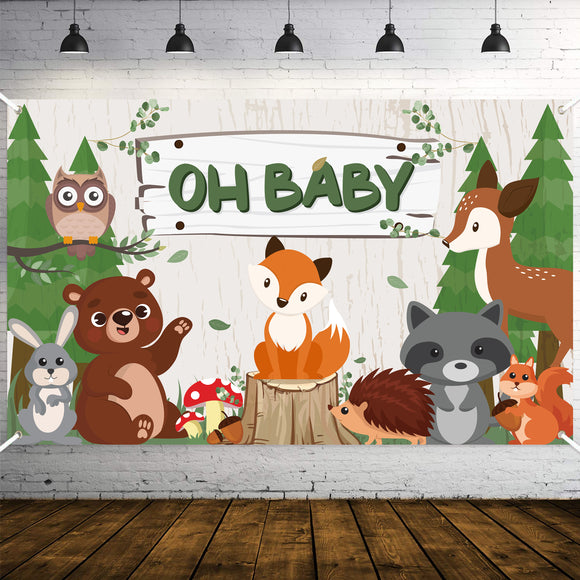 WATINC Oh Baby Woodland Animals Backdrop for Baby Shower Photo Booth Props Wood Plank Jungle Wild Background Photography Party Banner Decorations for Newborn Boys Girls Studio Home 71x43 Inches