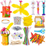 WATINC 280Pcs Wooden DIY Arts Craft Kit for Kids Make Your Own Bunny Chick Wood Crafts Wooden Stick Pompoms Pipe Cleaners Feather Wiggle Googly Eyes Crystal Stickers Easter Gift Party Supplies