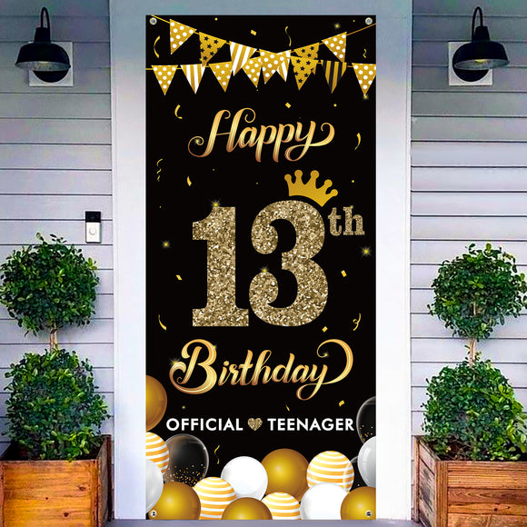 WATINC Happy 13th Birthday Door Cover Banner Large Fabric Black Gold Sign Poster Official Teenager Birthday Banner Party Decorations Supplies House Flag for Outdoor Indoor Photo Booth Background