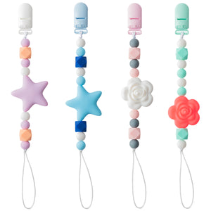 WATINC 4pcs Animal Silicone Pacifier Clip Baby Teething Toys, Infant Teether Clip, Silicone Rose Pacifier Clips Baby Girl, Star Teether Beads Teething Relief Toys for Baby, Chewable Pacifier Toys