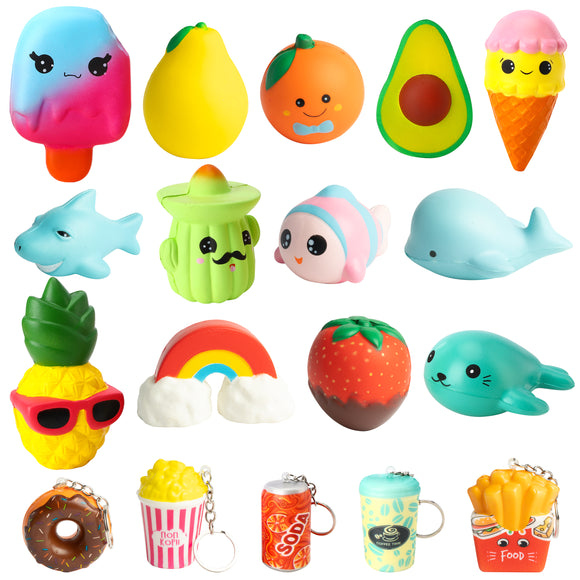 WATINC Random 13Pcs Summer Squeeze Toys and 5pcs Mini Junk Food Slow Rising Stress Relief Toy Birthday Gift for Boys and Girls Fruit Kawaii Donuts Animals Squeeze Hand Toys Party Favors Decor for Kids