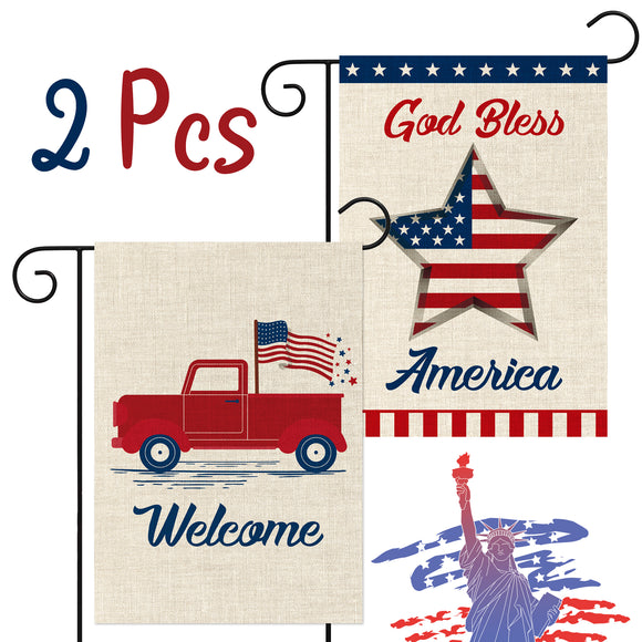 WATINC 2Pcs Patriotic Welcome America Flag Set Independence Day God Bless Decorative Double Sided Burlap Lawn Flag Holiday Yard Flags for Indoor Outdoor Decoration 12.6 x 18.4 Inch