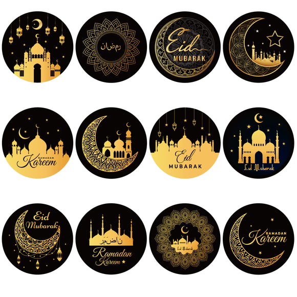 WATINC 240Pcs Eid Mubarak Stickers Religion Decoration Black Gold Ramadan Round Sticker Night Light Moon Star Envelope Gift Box Bags Labels Kareem Theme Party Supplies Favors for Kids (1.5 Inch)