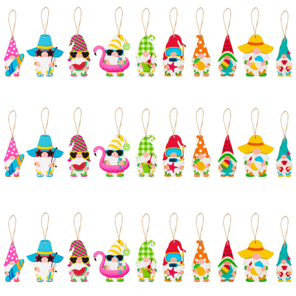 WATINC 31pcs Summer Gnome Hanging Wooden Ornament Set, Flamingo Element Wood Pendant Crafts Decor Supplies, Wood Tags Embellishments with Rope for Holiday Hawaiian Beach Party Decoration (10 Styles)