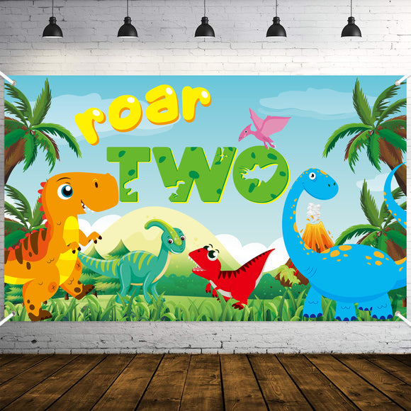 WATINC Roar Two Birthday Backdrop Banner Dinosaur Theme 2 Year Old Wild Forest Background Photo Booth Photography Baby Shower Polyester Party Decorations Supplies for Home Studio 71x43 Inch