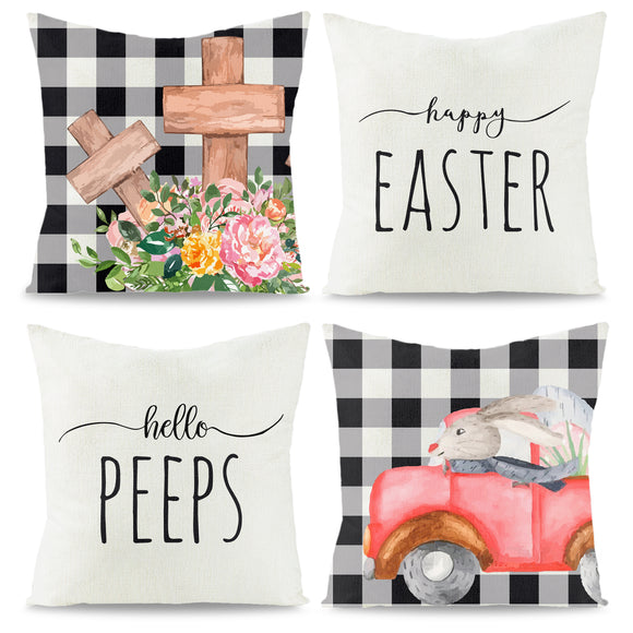 WATINC 4Pcs Easter Throw Pillow Covers Buffalo Plaid Bunny Eggs Cross Truck Pillowcases Hello Peeps Happy Easter Cushion Cases Spring Decorations for Farmhouse Sofa Home Car Couch 18 x 18 Inch