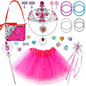 WATINC 29Pcs Princess Jewelry Toys Pretend Play Set Ballet Skirt Mermaid Scale Handbag Crown Necklaces Adjustable Rings Earrings Bracelets Wands Girl’s Tutu Dress Up Accessories Glitter Party Supplies