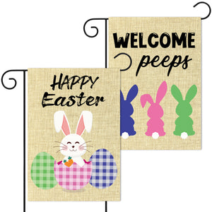 WATINC 2Pcs Happy Easter Garden Flags Welcome Peeps House Flag with Buffalo Check Plaid Rabbit Eggs Bunny Burlap Double Sided Indoor Party Decor for Celebration Festival Home Outdoor 12.4 x 18.3 Inch