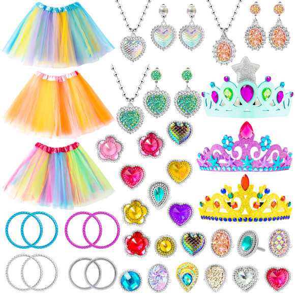 WATINC 43Pcs Princess Dress Up Jewelry Toys Set Rainbow Color Ballet Tutu Skirts Crowns Necklaces Adjustable Jewel Rings Earrings Bracelets Pretend Play Party Accessories for Little Girls Kids