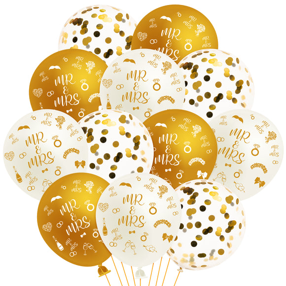 WATINC 36Pcs Mr and Mrs Wedding Balloons, Mr. & Mrs. Engagement Anniversary Gold Sequin Balloon Party Decorations, Bridal Shower Photo Booth Props Favors Supplies, Valentine’s Home Wall Decor (12Inch)