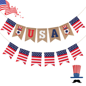 WATINC 2pcs 2021 Independence Day Burlap Banner with Patriotic Flag for 4th of July Party Supplies, USA Freedom Red Blue White Themed Hanging Bunting Garland for Indoor Home Photo Props Decoration