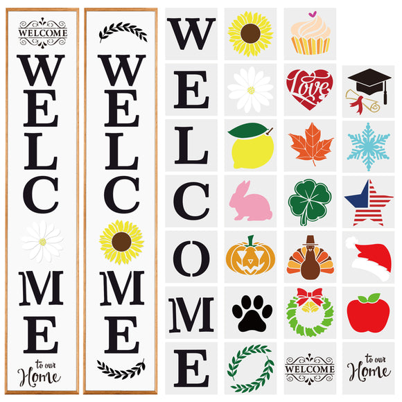 WATINC 27Pcs Holiday Theme Stencil Kit, Welcome Porch Sign Stencil for Front Door, Reusable DIY Stencil Word Painting Mold on Wood Paper, Christmas Valentine Easter Graduation Holiday Home Decoration