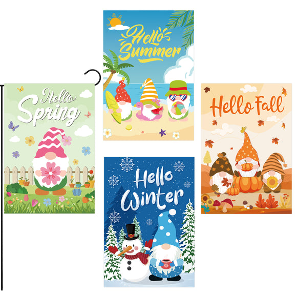 WATINC 4Pcs Gnome Seasonal Garden Flags Set Polyester Double Sided Hello Spring Summer Fall Winter Colorful Party Decoration Supplies House Flag Ornament for Lawn Yard Outdoor Indoor 12 x 18 Inch