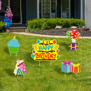 WATINC Set of 5 Happy Birthday Yard Signs with Plastic Stakes Birthday Cake Cupcake Balloon Gift Box Waterproof Lawn Sign Large Single Sided Outdoor for Colorful Birthday Party Decorations …