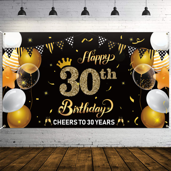 WATINC Happy 30th Birthday Backdrop Banner Cheers to 30 Years Background Banners 78” x 45” Extra Large Backdrops Balloons Black Gold Party Decorations Supplies for Indoor Outdoor Photo Booth Props