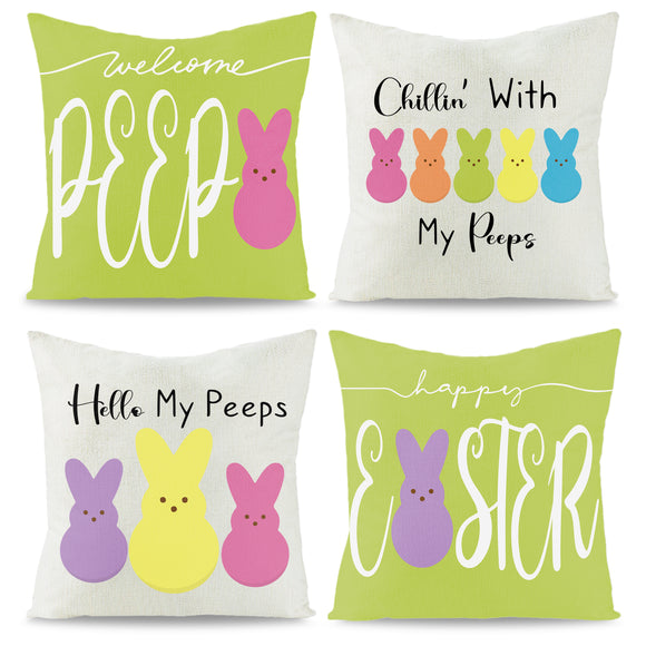 WATINC 4Pcs Easter Bunny Peeps Throw Pillow Covers Chillin' with My Peeps Welcome Peeps Pillowcases Happy Easter Hello My Peeps Cushion Cases Decorations for Farmhouse Sofa Home Car Couch 18 x 18 Inch