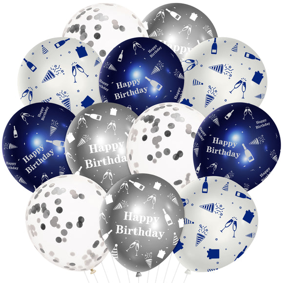 WATINC 36Pcs Navy Blue and Silver Happy Birthday Balloons, Sequin Confetti Latex Balloon Party Decor Photo Booth Prop Background Decoration for Kids Boy Girls Classroom Home Wall Baby Shower (12 Inch)