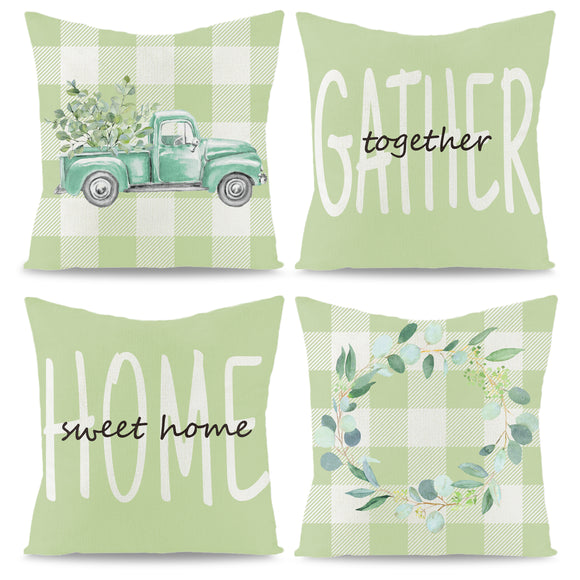 WATINC 4Pcs Spring Summer Pillow Covers Eucalyptus Leaves Garland Truck Cushion Cases Linen Cloth Sweet Home Together Gather Plaid Pillowcase Decoration Farmhouse for Sofa Home Car Couch 18 x 18 Inch