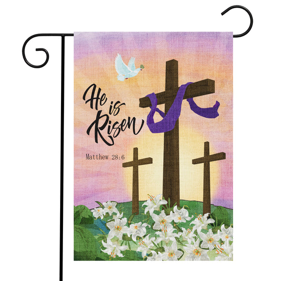 WATINC He is Risen Garden Flag Easter Cross Burlap Matthew 28:6 Vertical House Flag Double Sided Happy Easter Religious Jesus Christian Party Decorations Supplies for Lawn Yard Outdoor 12 x 18 In