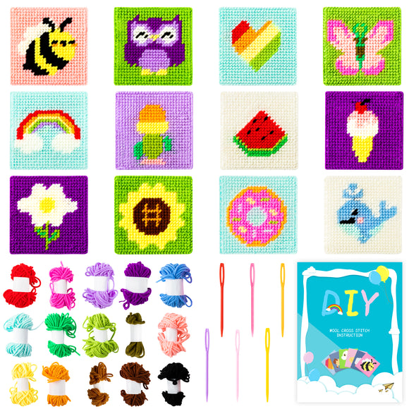 WATINC 12-in-1 Stamped Cross Stitch Kit for Kids Needlepoint Starter Sewing Set DIY Craft with Rainbow Heart Sunflower Patterns Embroidery Kit Educational Art Craft Supplies for Beginners Teens Adults