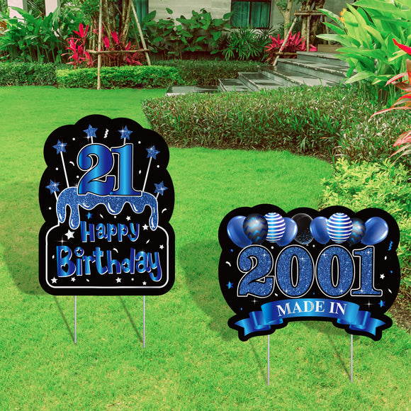 WATINC 2Pcs Happy 21st Birthday Yard Signs with Stakes 21 Years Old Made in 2001 Blue and Black Large Waterproof 21 Twenty One Lawn Sign Garden Outdoor Decorations Party Supplies for Men Women Adults