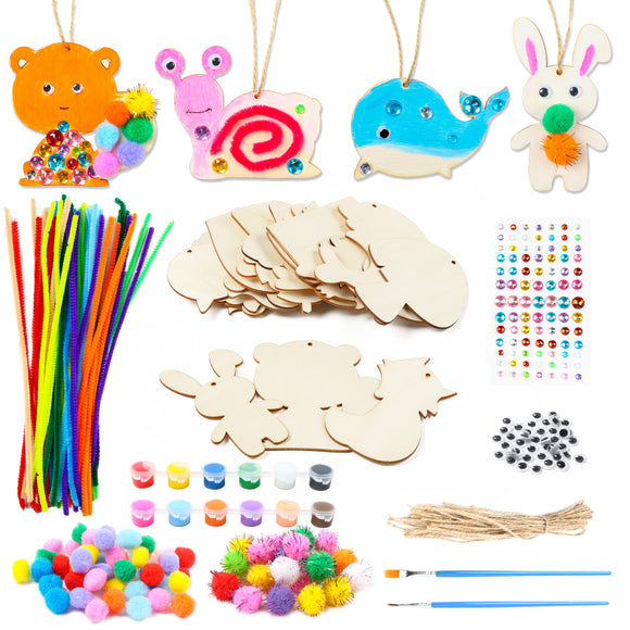 WATINC 24 Pcs Wooden Ornaments Craft Kit Unfinished Wood Hang Tags with String Paint Paintbrush Pompoms Pipe Cleaners Wiggle Googly Eyes Gem Stickers Art Decoration Party Supplies Gift for Girls Boys