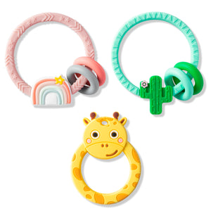 WATINC 3pcs Baby Teething Rings, Silicone Teether with Rattle Sensory Teething Relief Soothing Teether Toys Soothes Baby Gum Pain, Colorful Cactus Fawn Biting Ring Oral Chew Tools for Infants Girl Boy