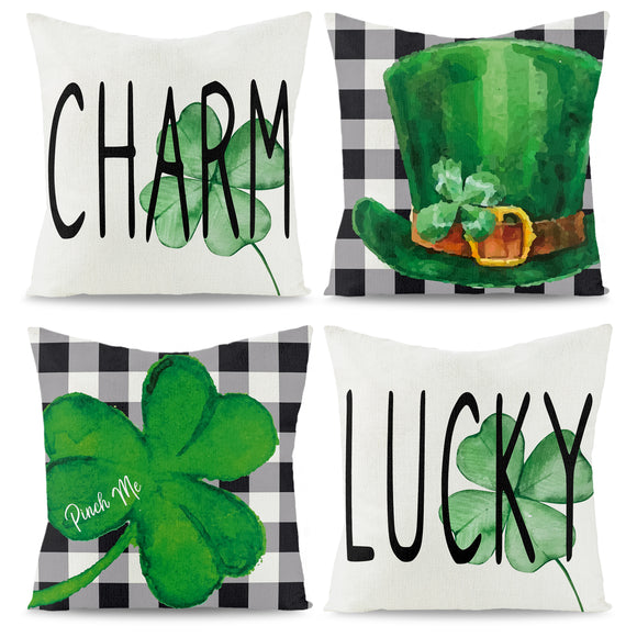 WATINC 4Pcs St. Patrick’s Day Throw Pillow Covers Check Plaid Shamrock Lucky Pinch Me Green Hat Decorative Cushion Cases Saint Patty’s Day Party Pillowcase for Farmhouse Sofa Home Couch 18 x 18 In