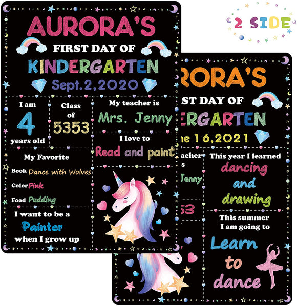 WATINC First Day and Last Day of School Chalkboard, Personalized Unicorn Themed Double Sided Back to School Sign for Kids, 13.6 x 9.7 inch Reusable Easy Clean Wooden Chalkboard for Photo Props