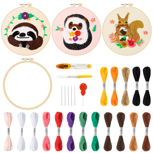 WATINC Embroidery Kits for Beginners 3 Cross Stitch DIY Kits with Embroidery Fabric Patterns Hoop Threader Instruction Needlepoint Starter Kits Educational Craft Supplies for Adults Beginners Teens