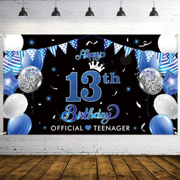 WATINC Happy 13th Birthday Backdrop Banner Blue Black Extra Large Background Official Teenager Balloons Ribbons Party Decorations Supplies Indoor Outdoor Photo Booth Props for Boys Girls 78 x 45 Inch