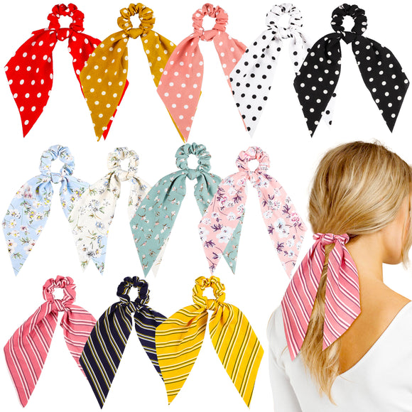 WATINC 12 Pcs Bowknot Hair Scrunchies Chiffon Floral Scrunchie Scarf Hair Ties 2 in 1 Vintage Ponytail Holder with Bows Flower Stripe Hair Scrunchy Accessories Ropes for Women