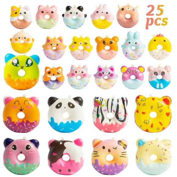 WATINC 25Pcs Donut Stress Relief Squeeze Toys, Easter Bunny Chick Slow Rising Simulation Lovely Bread Squeeze, Goodie Bag Egg Filler Party Favors with Keychain Phone Straps for Kids Birthday Gifts