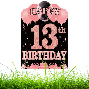 WATINC Happy 13th Birthday Yard Sign Double Sided Printing Large Waterproof Rose Gold Lawn Signs with Metal Stakes Birthday Party Decorations for Official Teenagers Girl Outdoor 11.8 x 16.9 Inch