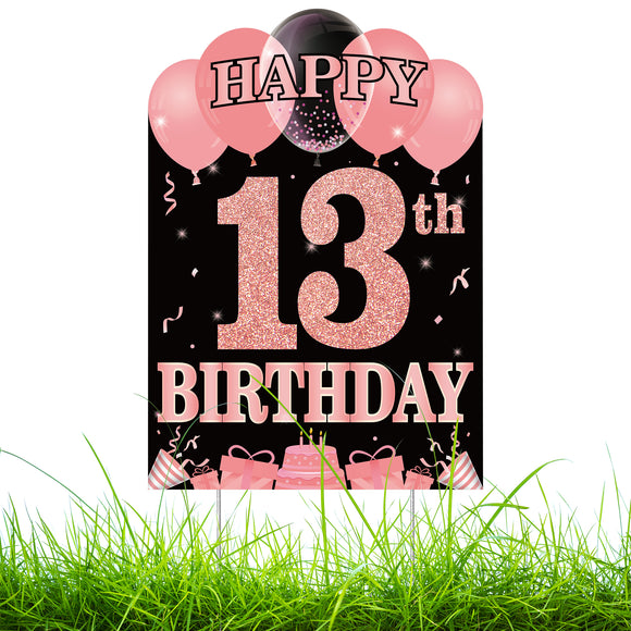 WATINC Happy 13th Birthday Yard Sign Double Sided Printing Large Waterproof Rose Gold Lawn Signs with Metal Stakes Birthday Party Decorations for Official Teenagers Girl Outdoor 11.8 x 16.9 Inch