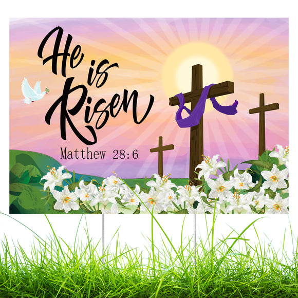 WATINC He is Risen Yard Sign with Metal Stakes Religious Easter Matthew 28:6 Jesus Cross Double Sided Waterproof Lawn Sign Christian Holiday Party Decorations Supplies Photo Props for Outdoor Garden