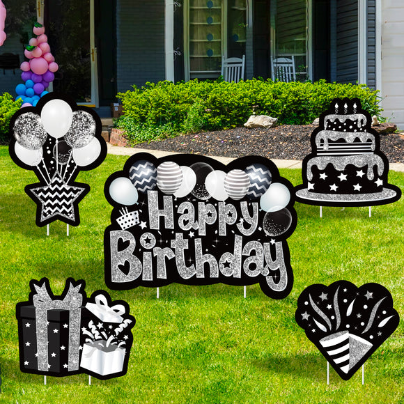 WATINC Set of 5 Black Silver Happy Birthday Yard Signs with Stakes Large Waterproof Lawn Sign Glittery Balloons Cake Gift Box Ribbons Birthday Party Decorations Supplies Photo Props for Outdoor Garden