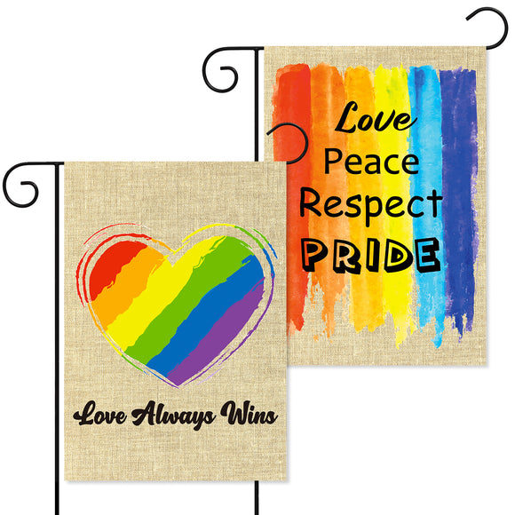 WATINC 2Pcs Peace and Love Garden Flags Burlap Gay Pride Home Flag Love Always Wins Support Respect Rainbow Decor for LGBT Lesbian Bisexual Transgender Party Indoor Outdoor Double Sided 12.2 x 18.4 In