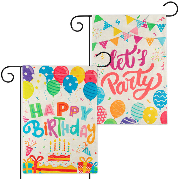 WATINC 2Pcs Happy Birthday Garden Flags Let’s Party Burlap Yard Signs Vertical Double Sided Readable Birthday Cake Banner Poster Party Decorations Supplies for Indoor Outdoor Lawn 12.6 x 18.1 Inch