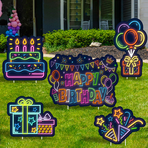 WATINC Set of 5 Neon Happy Birthday Yard Signs with Stakes Large Waterproof Lawn Sign Retro Balloons Cake Gift Box Ribbons Colorful Birthday Party Decorations Supplies Photo Props for Outdoor Garden