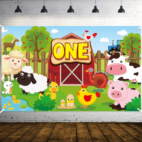 WATINC Farm Animals First Birthday Backdrop One Year Old Photo Booth Props Farmhouse Barnyard Background Banner Baby Shower Polyester Poster Party Decorations for Photography Studio 71x43 Inches