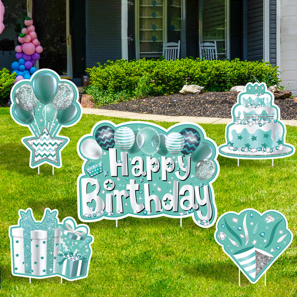 WATINC Set of 5 Teal Silver Happy Birthday Yard Signs with Stakes Large Waterproof Lawn Sign Glittery Balloons Cake Gift Box Ribbons Birthday Party Decorations Supplies Photo Props for Outdoor Garden