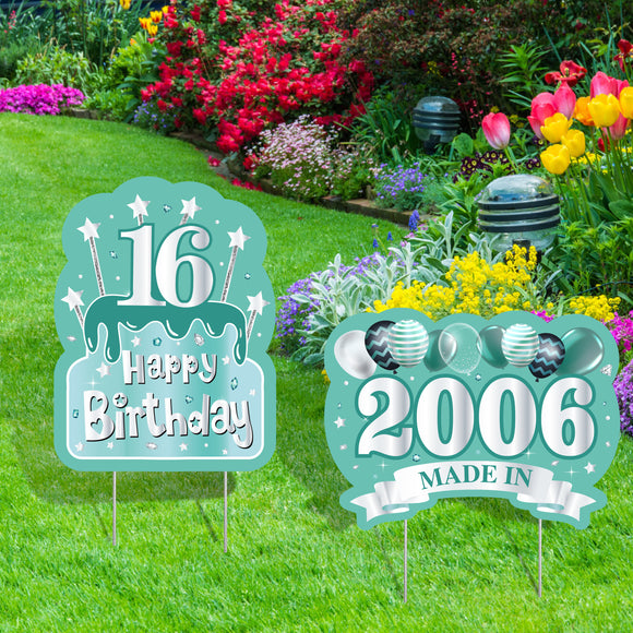 WATINC 2Pcs Happy 16th Birthday Yard Signs with Stakes 16 Years Old Made in 2006 Teal Silver Large Waterproof 16 Sixteen Lawn Sign Garden Outdoor Decorations Party Favors Suppliess for Teens Boys Girls