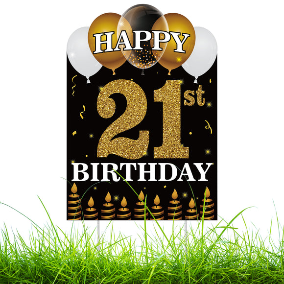 WATINC Happy 21st Birthday Yard Sign with Metal Stakes Double Sided Printing Large Waterproof Lawn Signs Gold White Balloons Black Outdoor Party Decorations for 21 Years Old Boys Girls 11.8 x 16.9 in