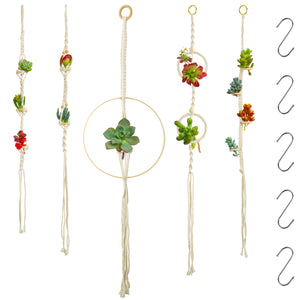 WATINC 5 Packs Hanging Air Plant Holders Cotton Woven Macrame Rope with Wooden Ring Decorative Green Plant Hangers Faux Flowers Pot Holder with 5 metal Hooks Wall Decorations for Home Garden Outdoor