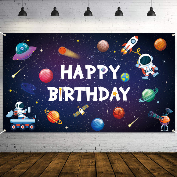 WATINC Outer Space Happy Birthday Backdrop Banner Solar System Banners 78.7” x 45.3” Extra Large Universe Planets Backdrops Rocket Astronaut Background Decorations for Indoor Outdoor Photo Booth Props
