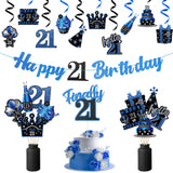 WATINC 42pcs 21st Blue Birthday Banner Party Decorations, Hello 21 Glitter Hanging Garlands Swirls Signs for 21 Years Old Boys Girls, Cake Topper Centerpieces Decor Party Supplies