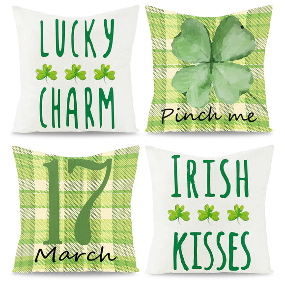 WATINC 4Pcs St. Patrick’s Day Throw Pillow Covers Irish Kisses Pinch Me 17 March  Lucky Checked Decorative Cushion Cases Saint Patty’s Day Party Pillowcases for Farmhouse Sofa Home 18 x 18 In